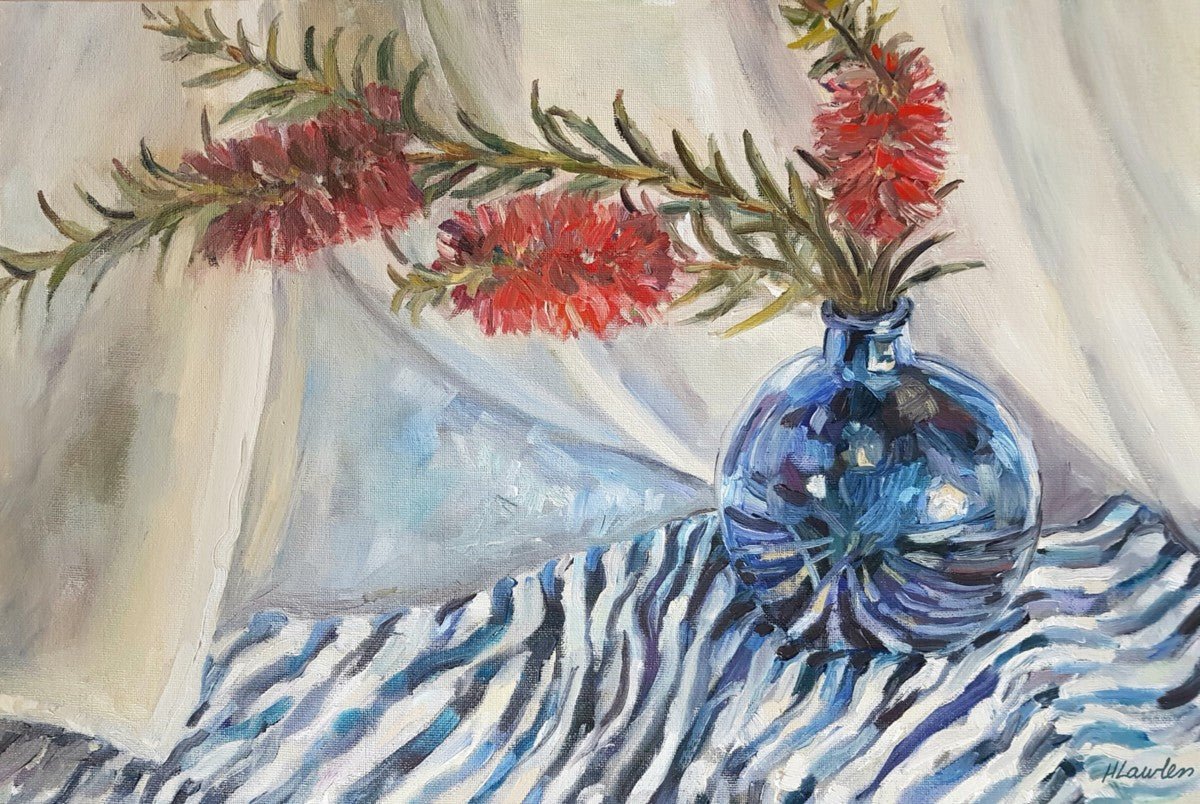 Bottle Brush, In A Blue Vase | Prints - Harriet Lawless Artist