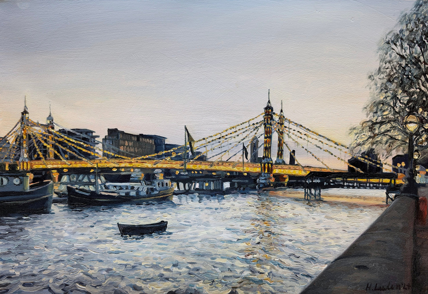 Albert Bridge, Silvery Dusk | Original Painting Original Paintings Harriet Lawless Artist england sunset