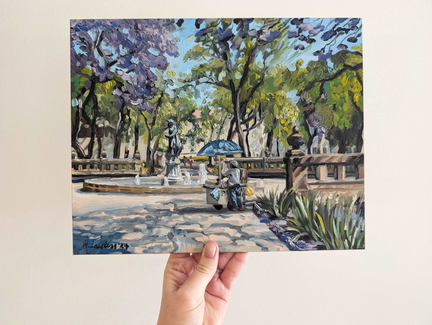 Antojitos Under The Jacarandas In Alameda Park | Original Painting Original Paintings Harriet Lawless Artist mexico