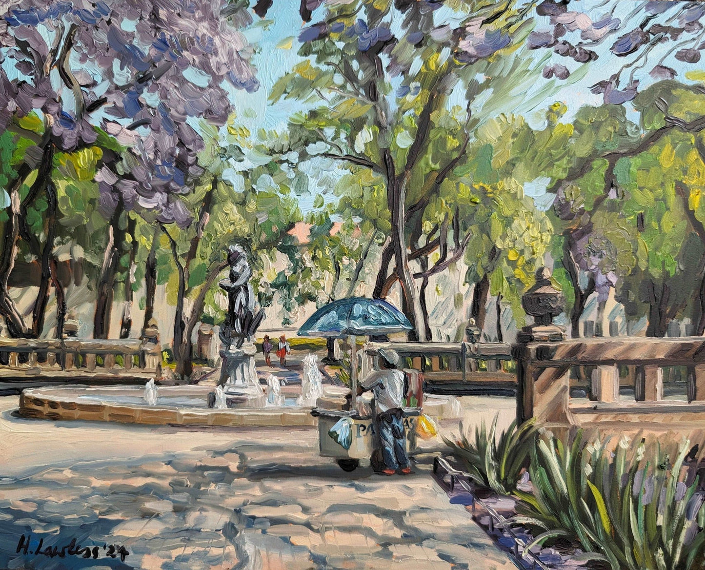 Antojitos Under The Jacarandas In Alameda Park | Original Painting Original Paintings Harriet Lawless Artist mexico