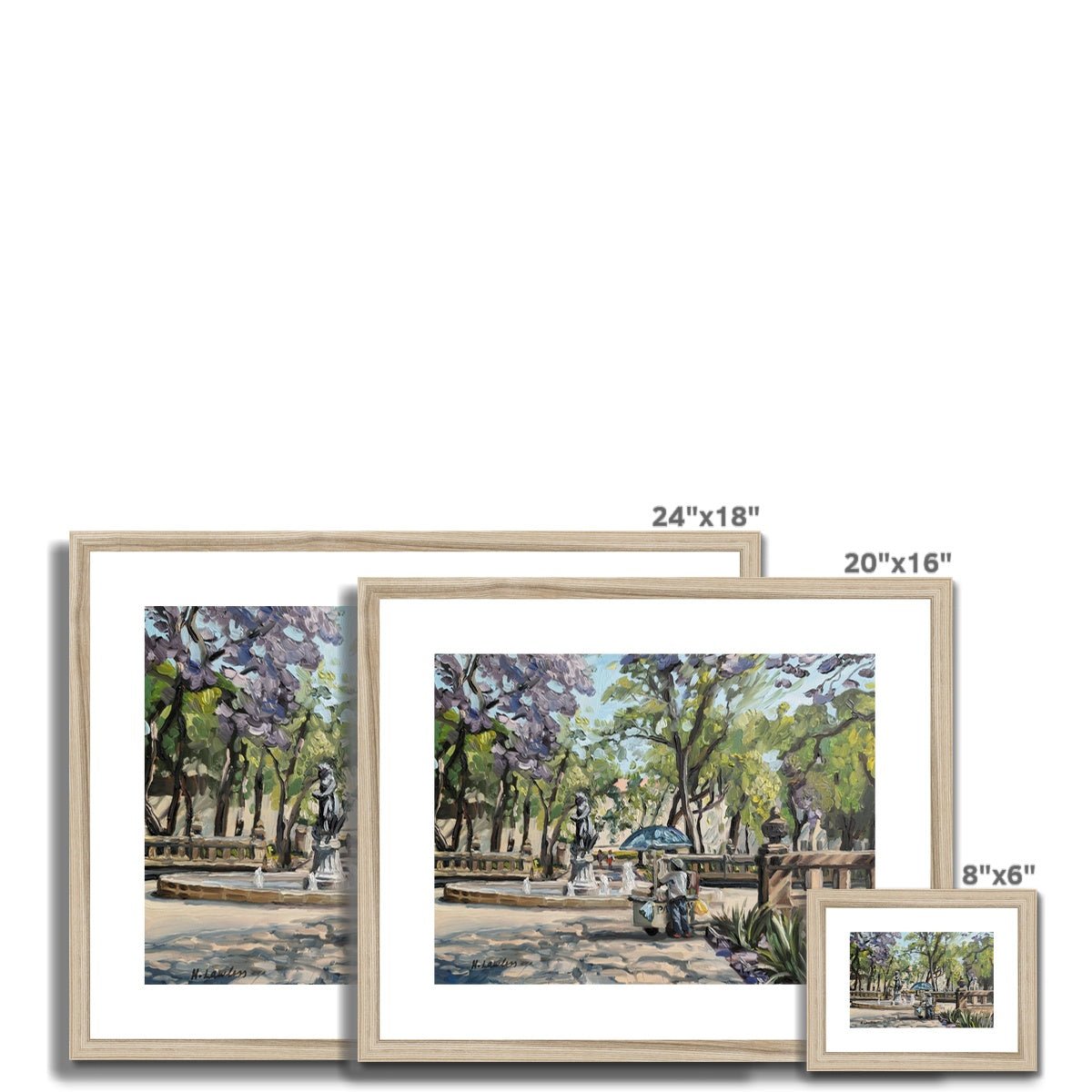 Antojitos Under The Jacarandas In Alameda Park | Print Prints Harriet Lawless Artist mexico 20"x16" / 51x41cm Natural Frame