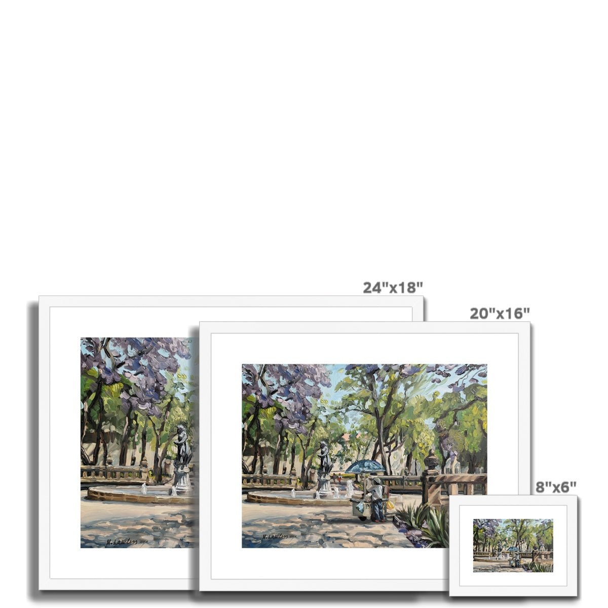 Antojitos Under The Jacarandas In Alameda Park | Print Prints Harriet Lawless Artist mexico 20"x16" / 51x41cm Natural Frame