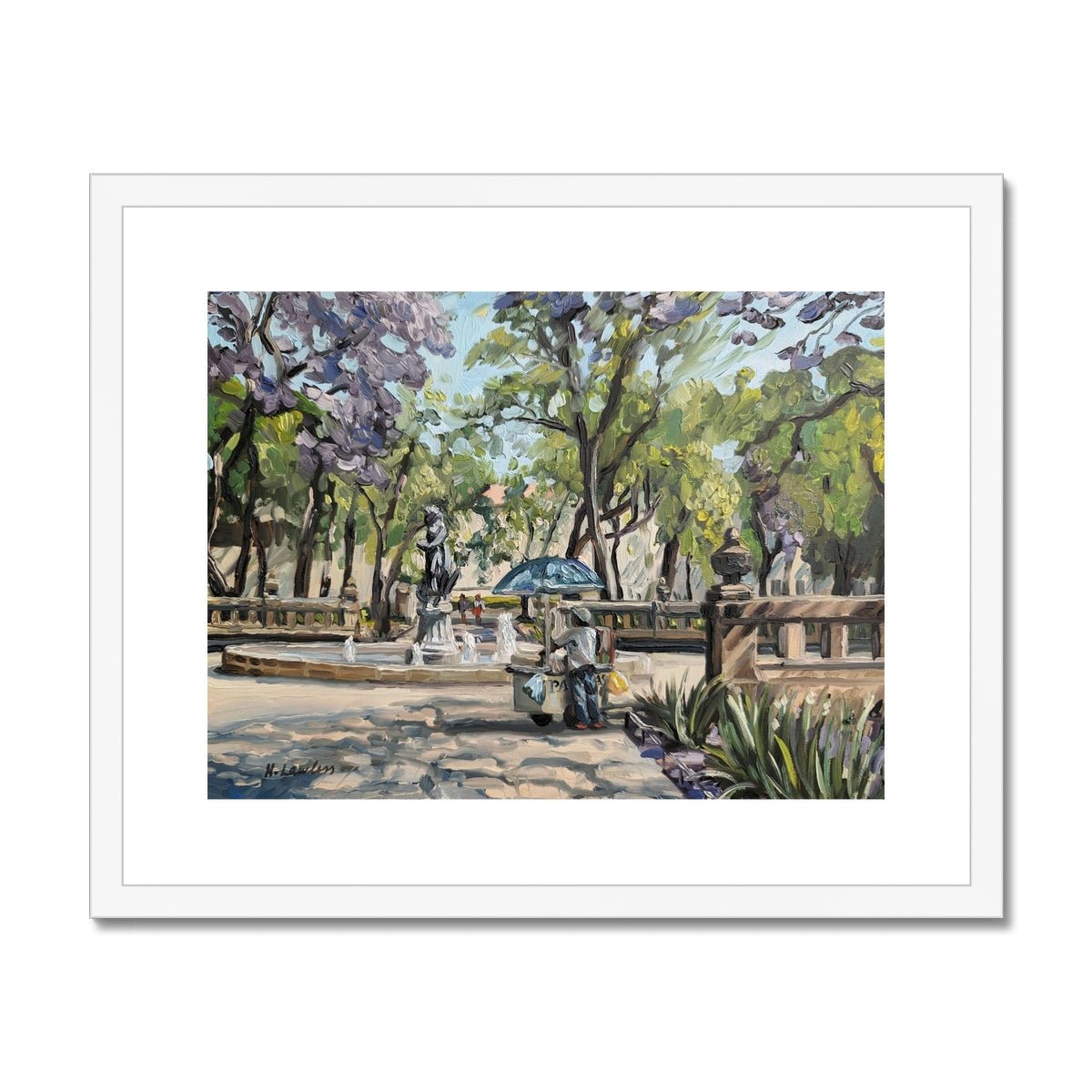 Antojitos Under The Jacarandas In Alameda Park | Print Prints Harriet Lawless Artist mexico 20"x16" / 51x41cm White Frame