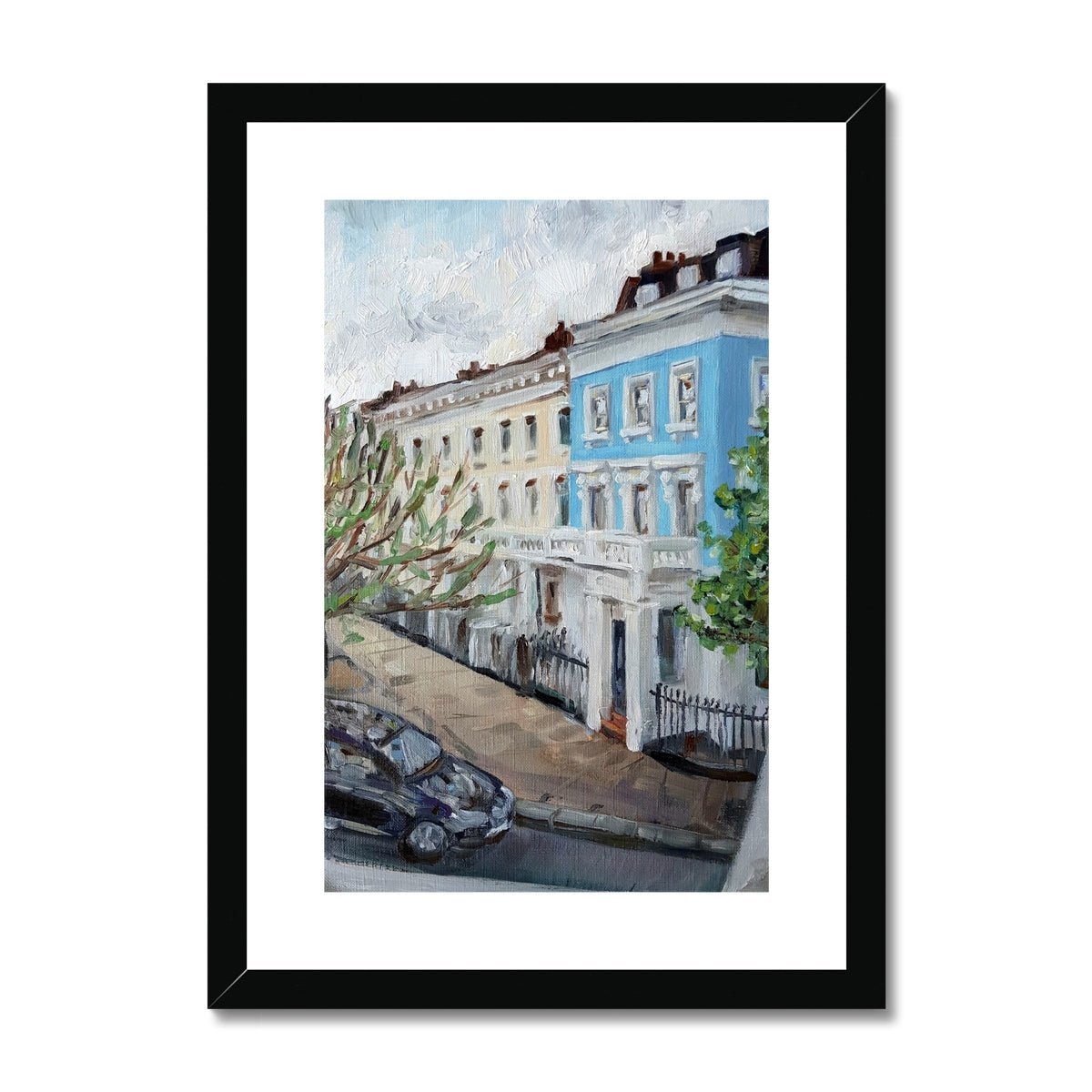 Blue Stucco Terrace House At Dusk | Print Prints Harriet Lawless Artist england A3 / 12"x16.5" Black Frame