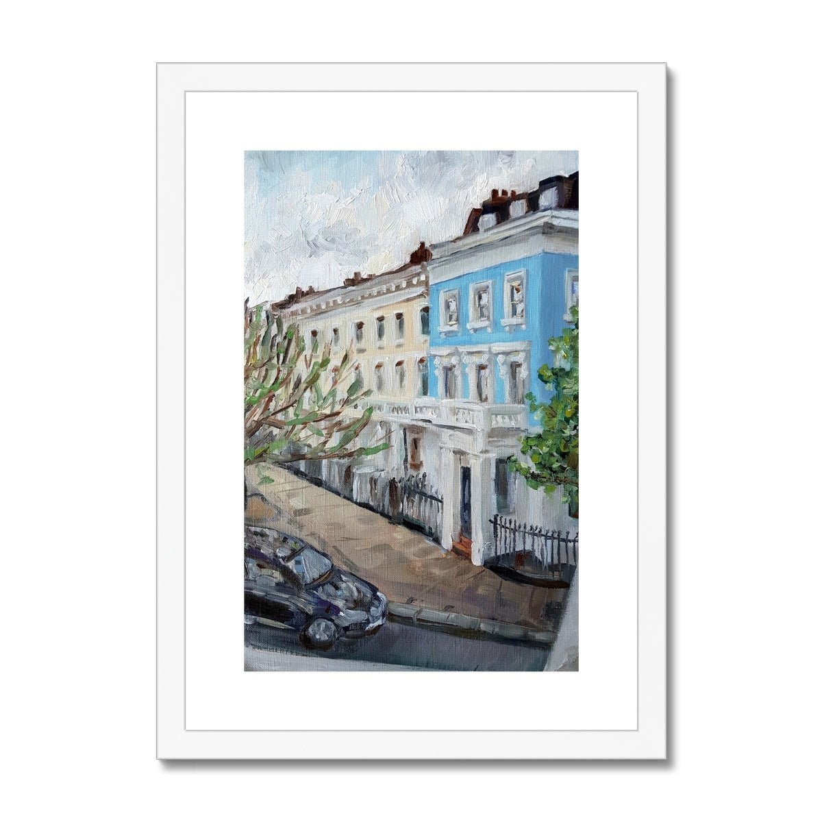 Blue Stucco Terrace House At Dusk | Print Prints Harriet Lawless Artist england A3 / 12"x16.5" White Frame