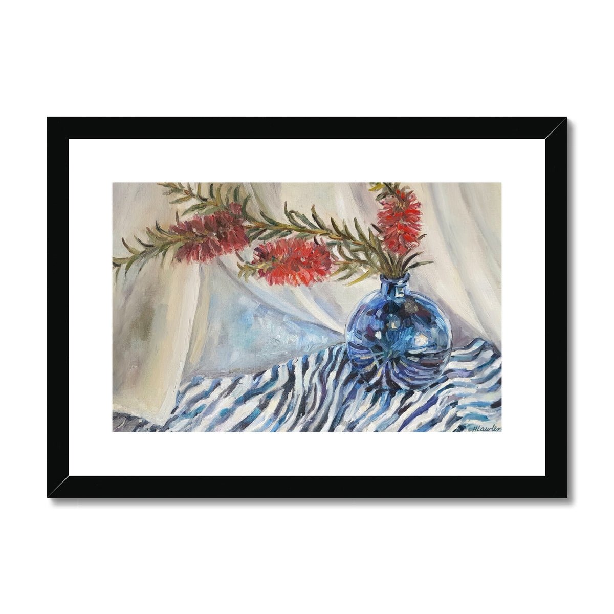 Bottle Brush, In A Blue Vase | Print Prints Harriet Lawless Artist australia flowers still life A3 / 16.5"x12" Black Frame