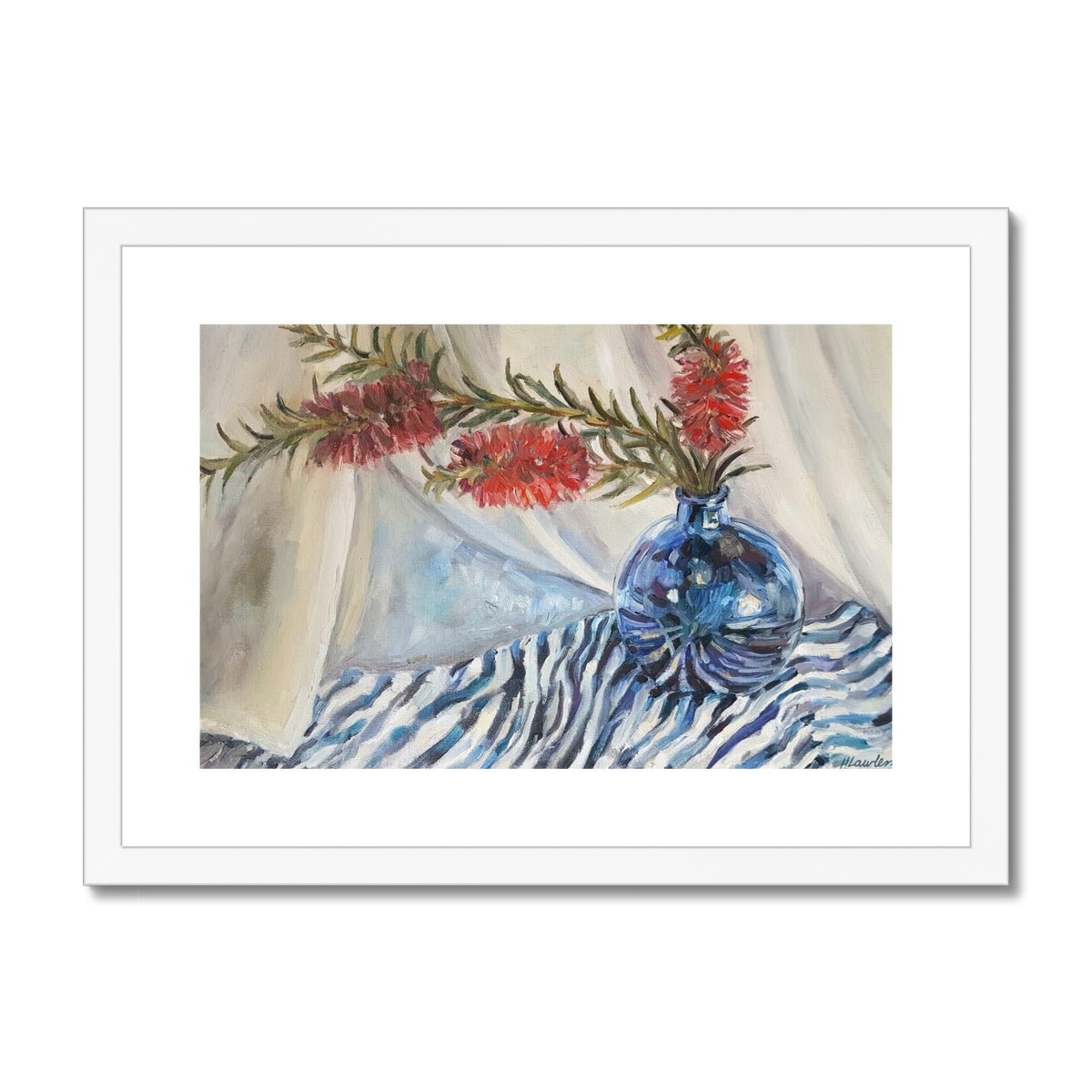 Bottle Brush, In A Blue Vase | Print Prints Harriet Lawless Artist australia flowers still life A3 / 16.5"x12" White Frame