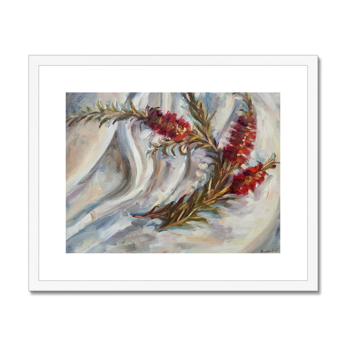 Bottlebrush On White Cloth | Print Prints Harriet Lawless Artist australia flowers still life 20"x16" / 51x41cm White Frame