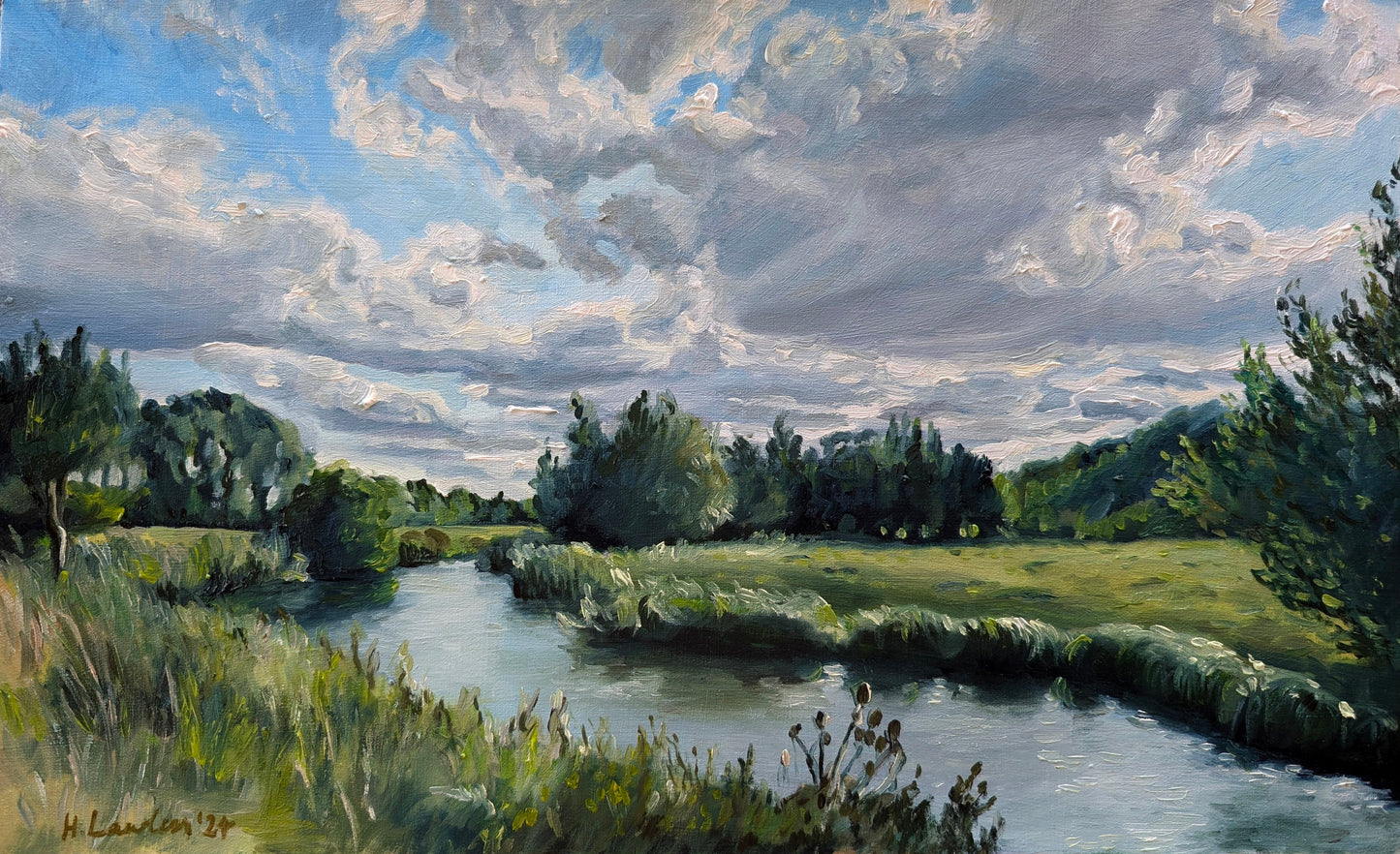 Dramatic clouds over the River Lea, Hertford | Original Painting Original Paintings Harriet Lawless Artist england