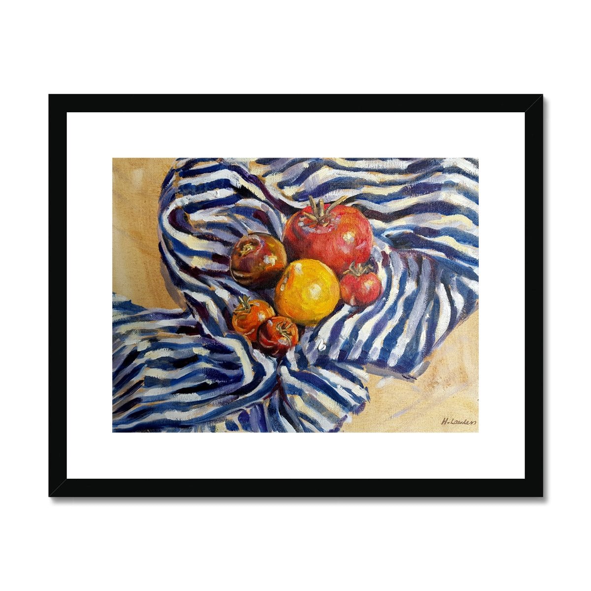 Heritage Tomatoes On Blue Stripes | Print Prints Harriet Lawless Artist fruit still life 20"x16" / 51x41cm Black Frame