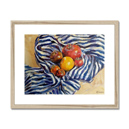 Heritage Tomatoes On Blue Stripes | Print Prints Harriet Lawless Artist fruit still life 20"x16" / 51x41cm Natural Frame