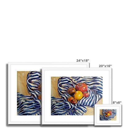 Heritage Tomatoes On Blue Stripes | Print Prints Harriet Lawless Artist fruit still life 20"x16" / 51x41cm Natural Frame