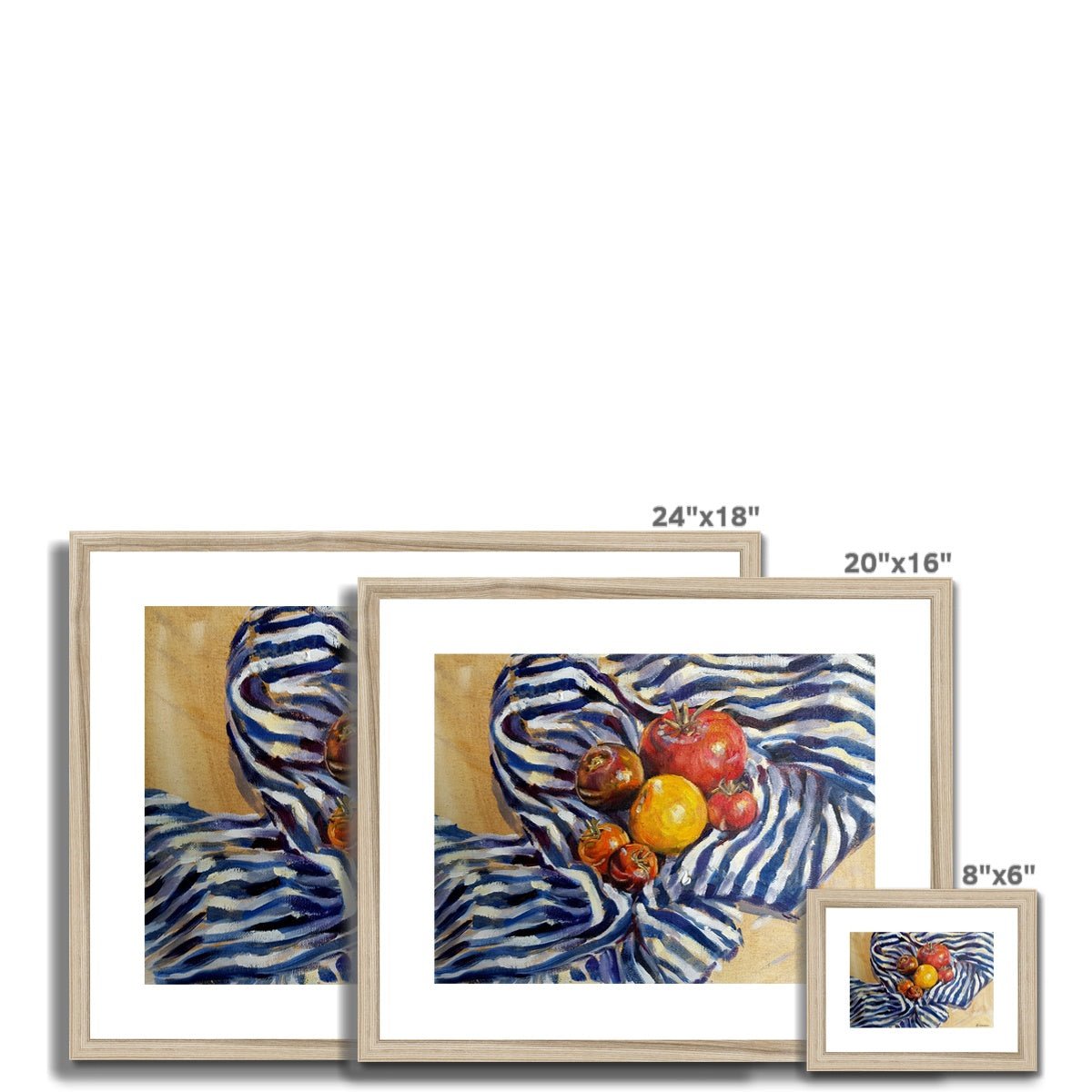 Heritage Tomatoes On Blue Stripes | Print Prints Harriet Lawless Artist fruit still life 20"x16" / 51x41cm Natural Frame