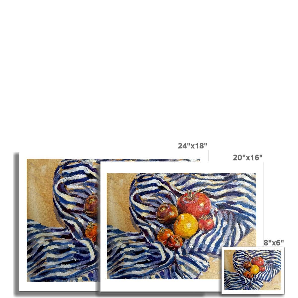 Heritage Tomatoes On Blue Stripes | Print Prints Harriet Lawless Artist fruit still life 20"x16" / 51x41cm Unframed