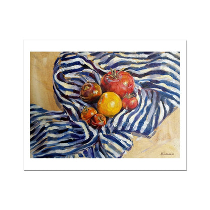 Heritage Tomatoes On Blue Stripes | Print Prints Harriet Lawless Artist fruit still life 20"x16" / 51x41cm Unframed