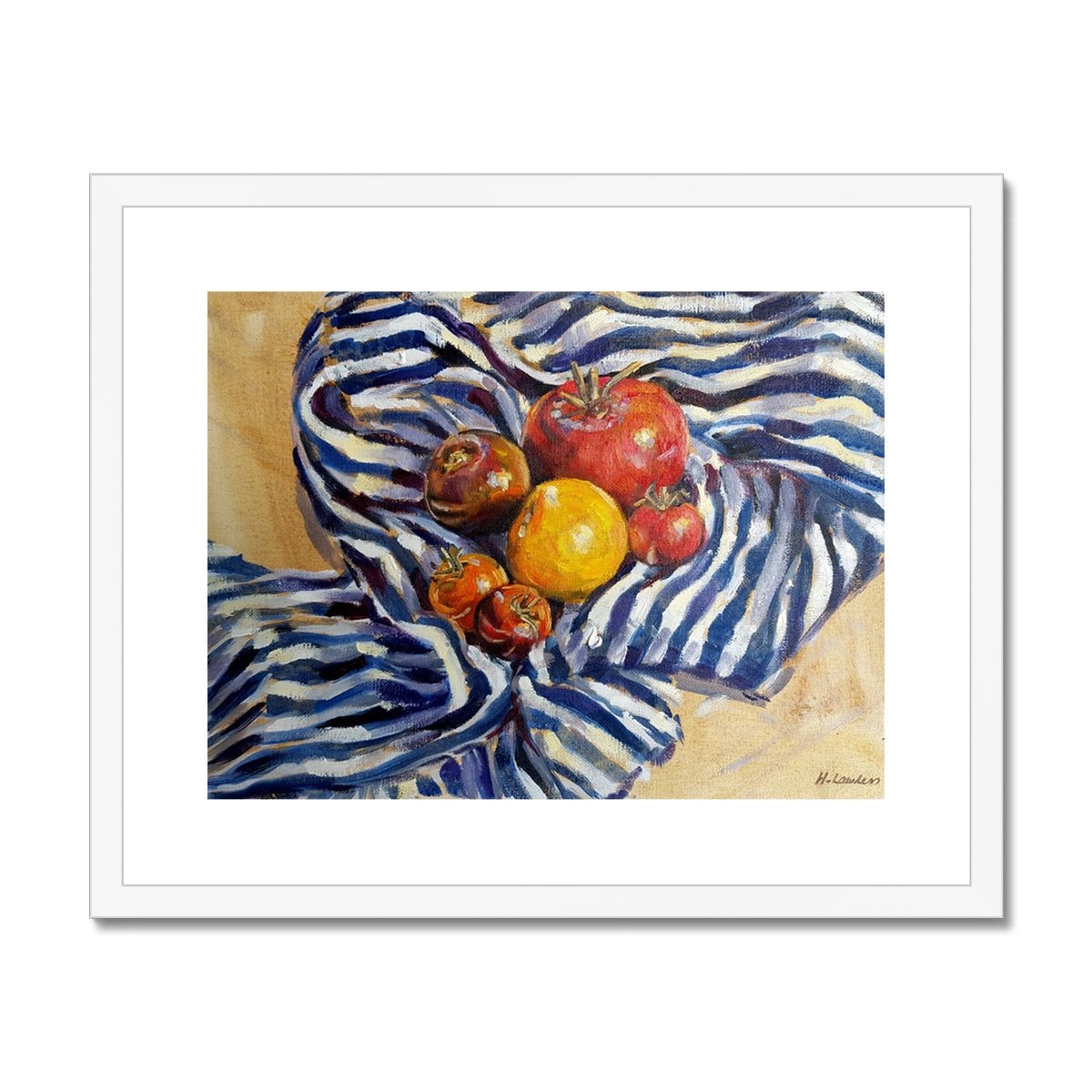 Heritage Tomatoes On Blue Stripes | Print Prints Harriet Lawless Artist fruit still life 20"x16" / 51x41cm White Frame