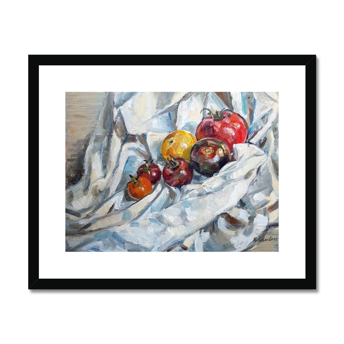 Heritage Tomatoes On White Cloth, 1 | Print Prints Harriet Lawless Artist fruit still life 20"x16" / 51x41cm Black Frame