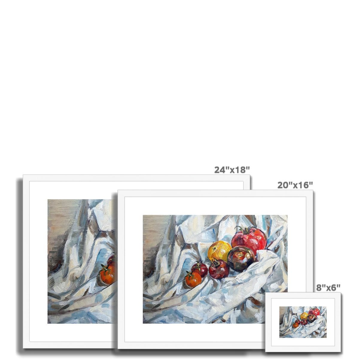 Heritage Tomatoes On White Cloth, 1 | Print Prints Harriet Lawless Artist fruit still life 20"x16" / 51x41cm Natural Frame