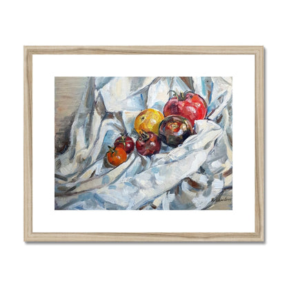 Heritage Tomatoes On White Cloth, 1 | Print Prints Harriet Lawless Artist fruit still life 20"x16" / 51x41cm Natural Frame