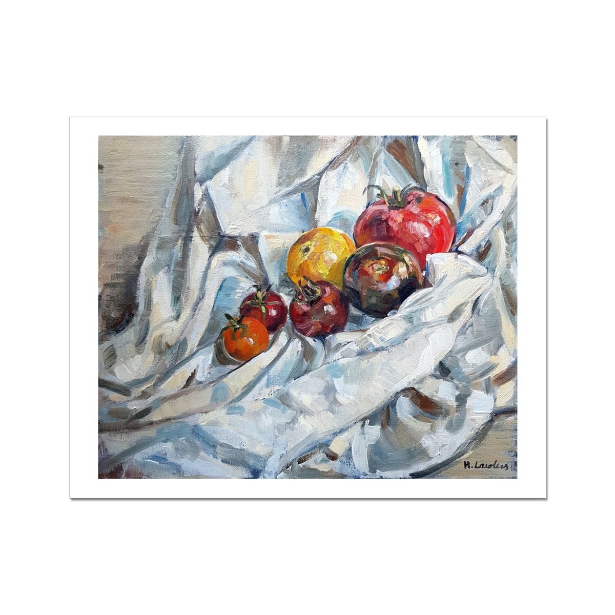 Heritage Tomatoes On White Cloth, 1 | Print Prints Harriet Lawless Artist fruit still life 20"x16" / 51x41cm Unframed