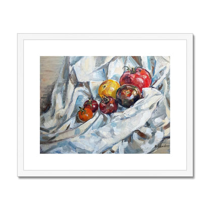 Heritage Tomatoes On White Cloth, 1 | Print Prints Harriet Lawless Artist fruit still life 20"x16" / 51x41cm White Frame