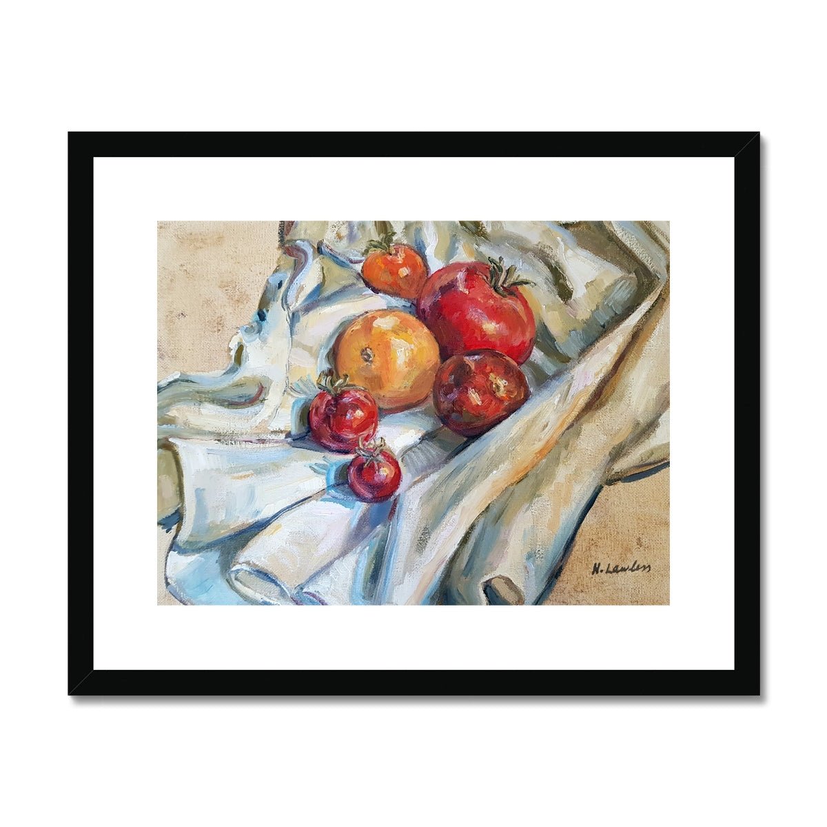 Heritage Tomatoes On White Cloth, 2 | Print Prints Harriet Lawless Artist fruit still life 20"x16" / 51x41cm Black Frame