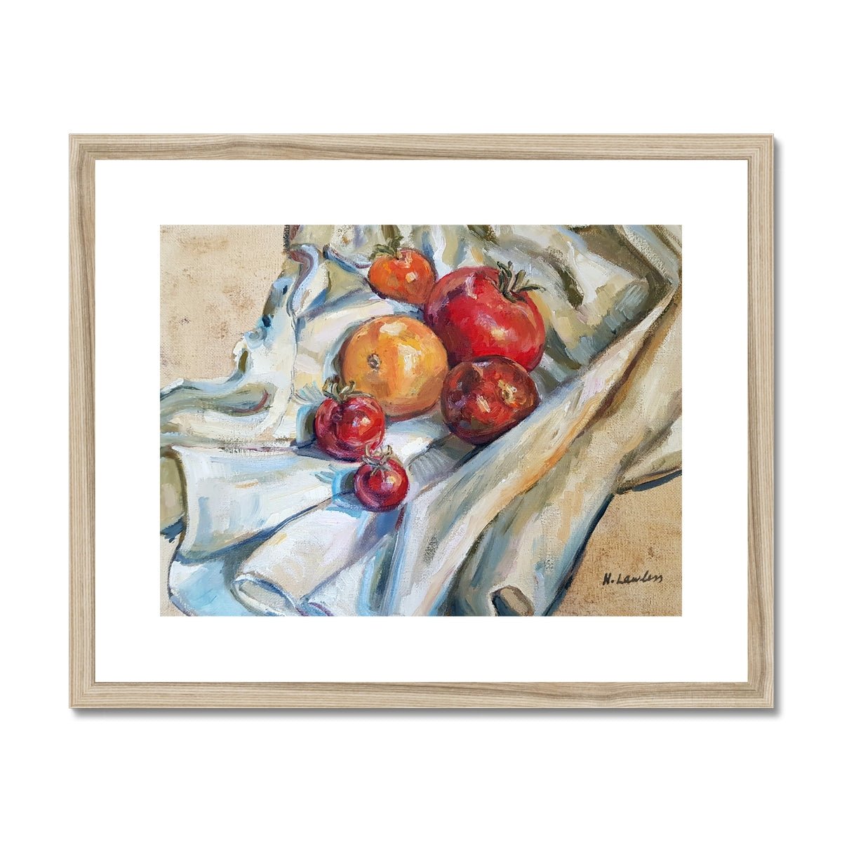 Heritage Tomatoes On White Cloth, 2 | Print Prints Harriet Lawless Artist fruit still life 20"x16" / 51x41cm Natural Frame