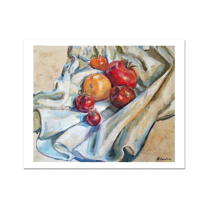 Heritage Tomatoes On White Cloth, 2 | Print Prints Harriet Lawless Artist fruit still life 20"x16" / 51x41cm Unframed