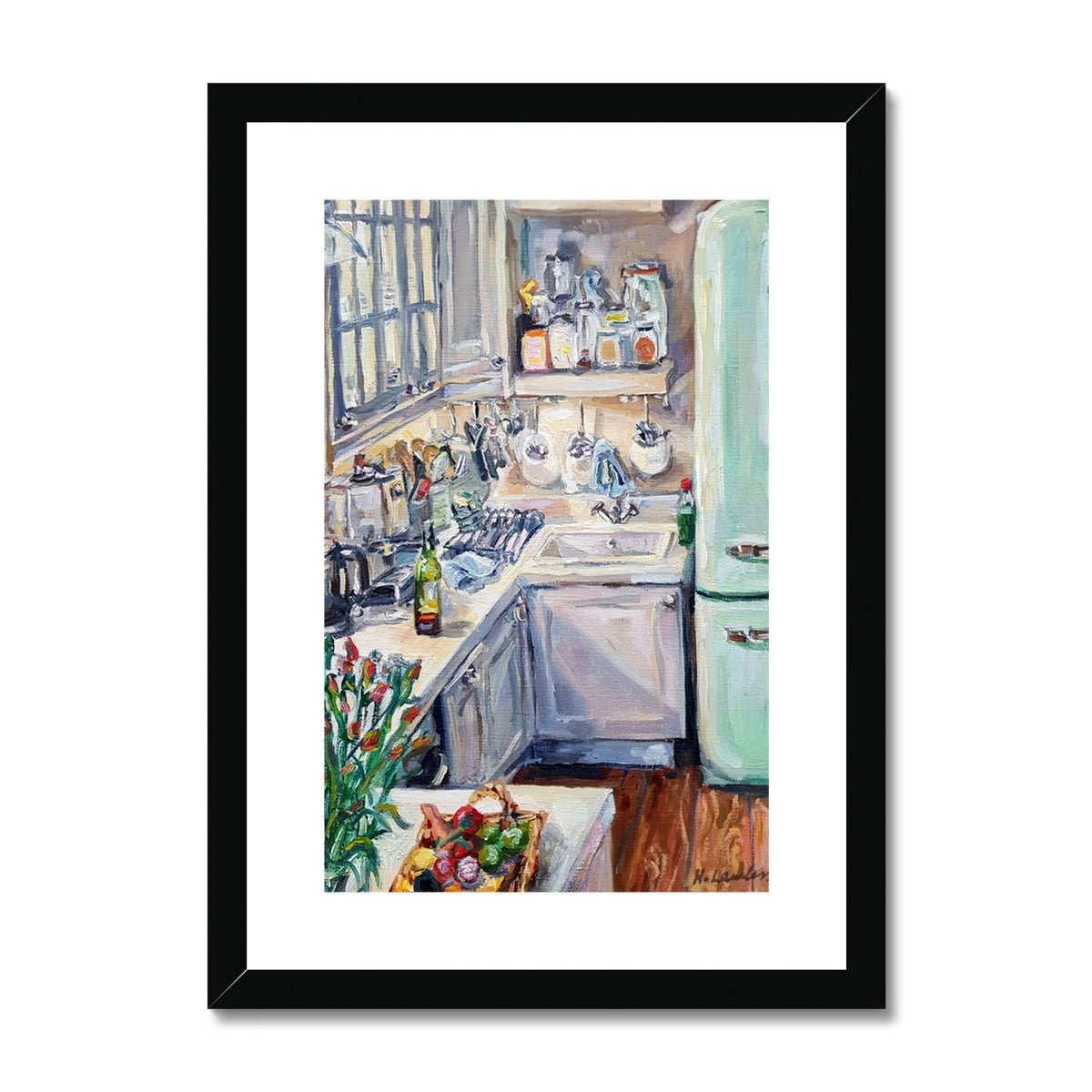 Kitchen Interior With Green Smeg Fridge And Wine | Print Prints Harriet Lawless Artist interior still life A3 / 12"x16.5" Black Frame