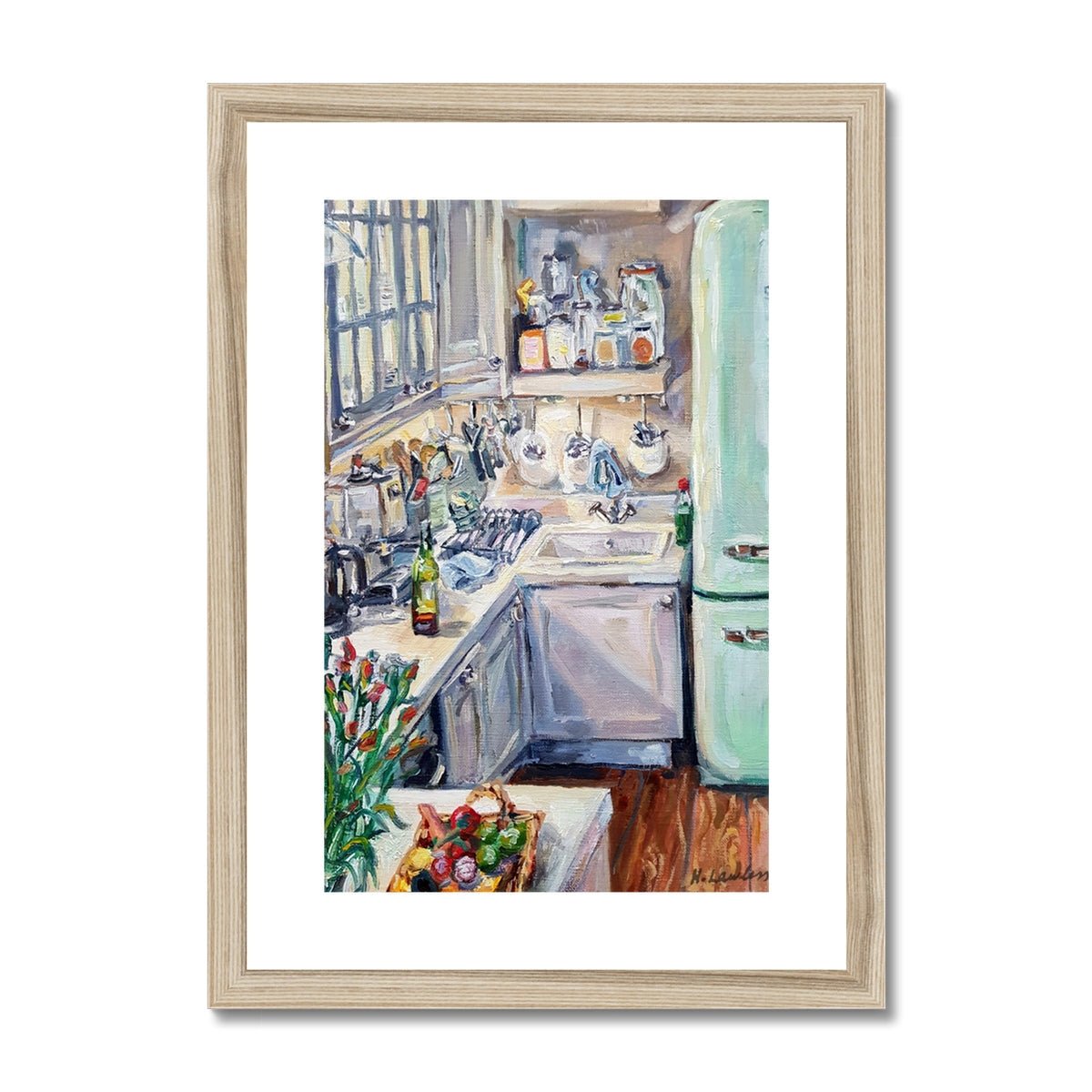 Kitchen Interior With Green Smeg Fridge And Wine | Print Prints Harriet Lawless Artist interior still life A3 / 12"x16.5" Natural Frame