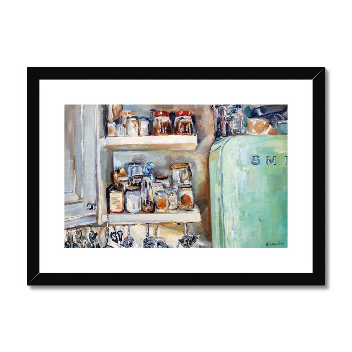 Kitchen Shelves With Green Smeg Fridge | Print Prints Harriet Lawless Artist interior still life A3 / 16.5"x12" Black Frame