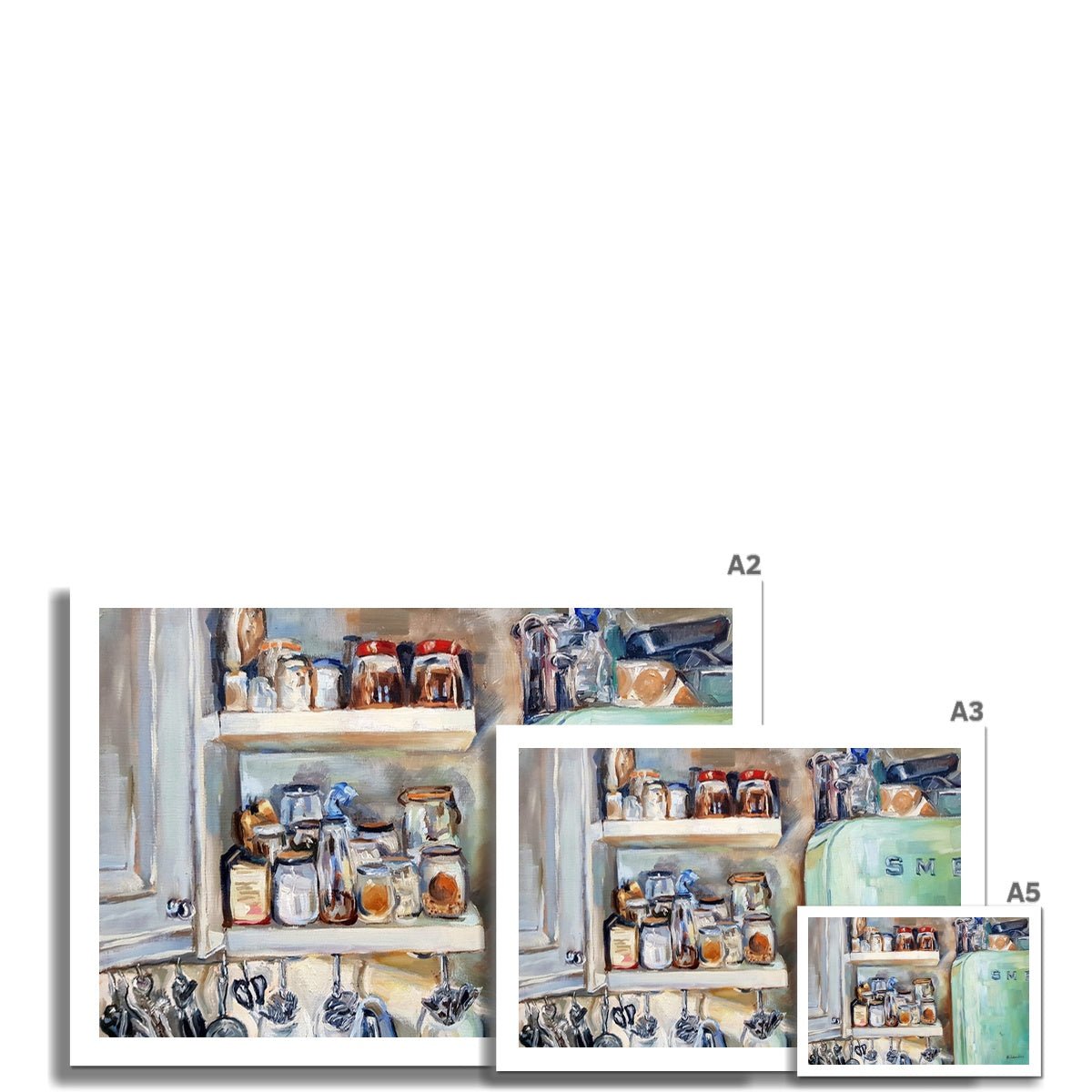 Kitchen Shelves With Green Smeg Fridge | Print Prints Harriet Lawless Artist interior still life A3 / 16.5"x12" Unframed