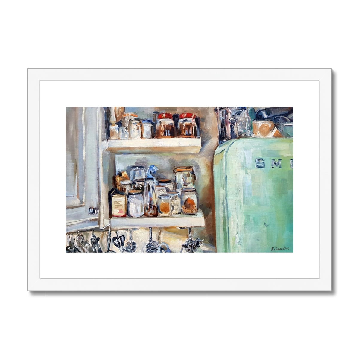 Kitchen Shelves With Green Smeg Fridge | Print Prints Harriet Lawless Artist interior still life A3 / 16.5"x12" White Frame