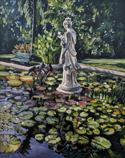 Late Afternoon Light On The Sculpture In The Pond | Original Painting Original Paintings Harriet Lawless Artist argentina flowers still life