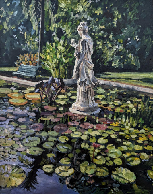 Late Afternoon Light On The Sculpture In The Pond | Original Painting Original Paintings Harriet Lawless Artist argentina still life
