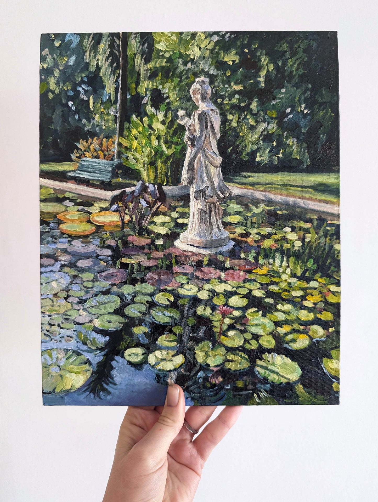 Late Afternoon Light On The Sculpture In The Pond | Original Painting Original Paintings Harriet Lawless Artist argentina flowers still life