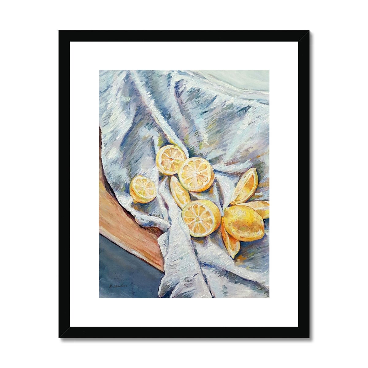 Lemons On A Blue Cloth | Print Prints Harriet Lawless Artist fruit still life 16"x20" / 41x51cm Black Frame