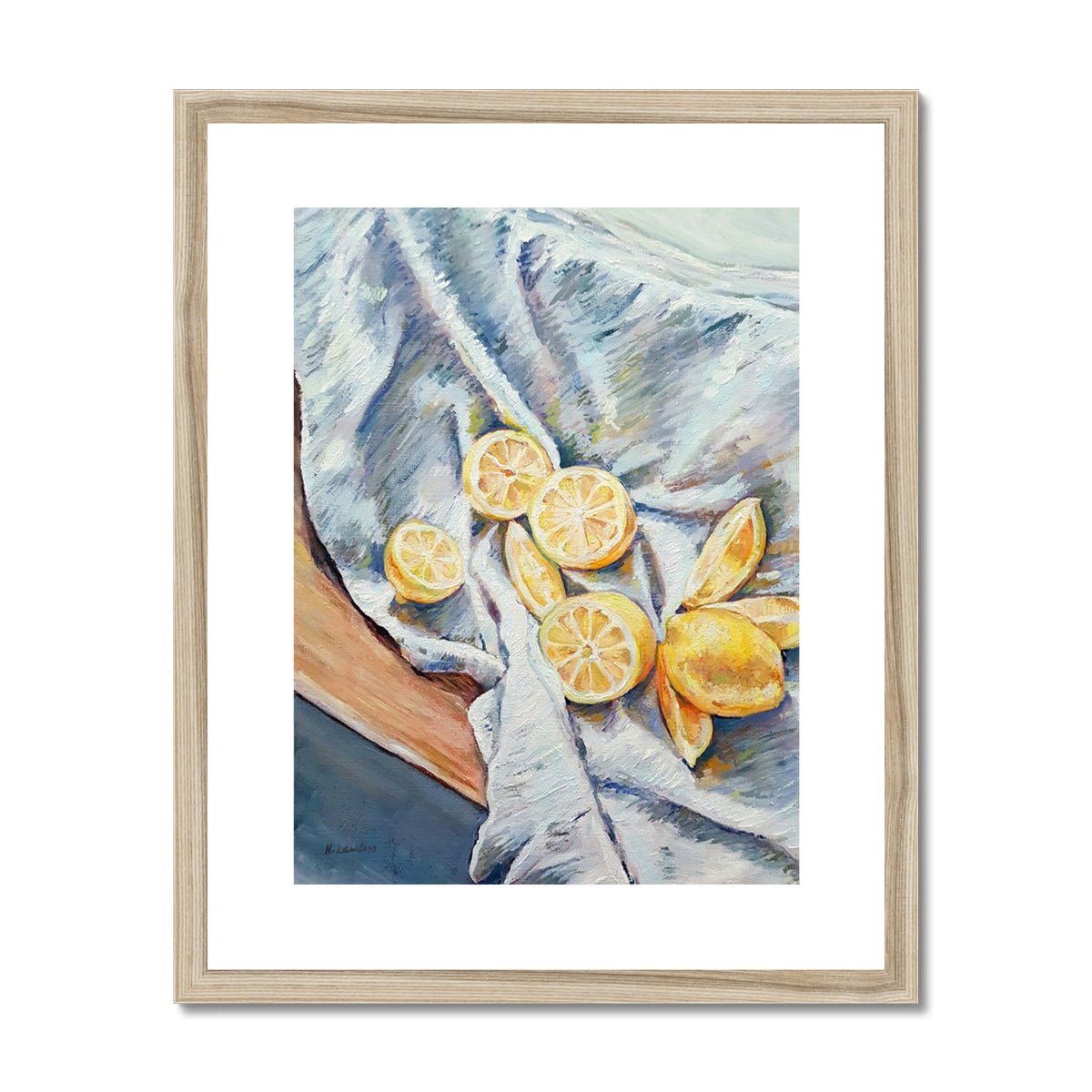 Lemons On A Blue Cloth | Print Prints Harriet Lawless Artist fruit still life 16"x20" / 41x51cm Natural Frame