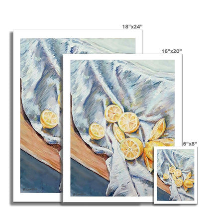 Lemons On A Blue Cloth | Print Prints Harriet Lawless Artist fruit still life 16"x20" / 41x51cm Unframed