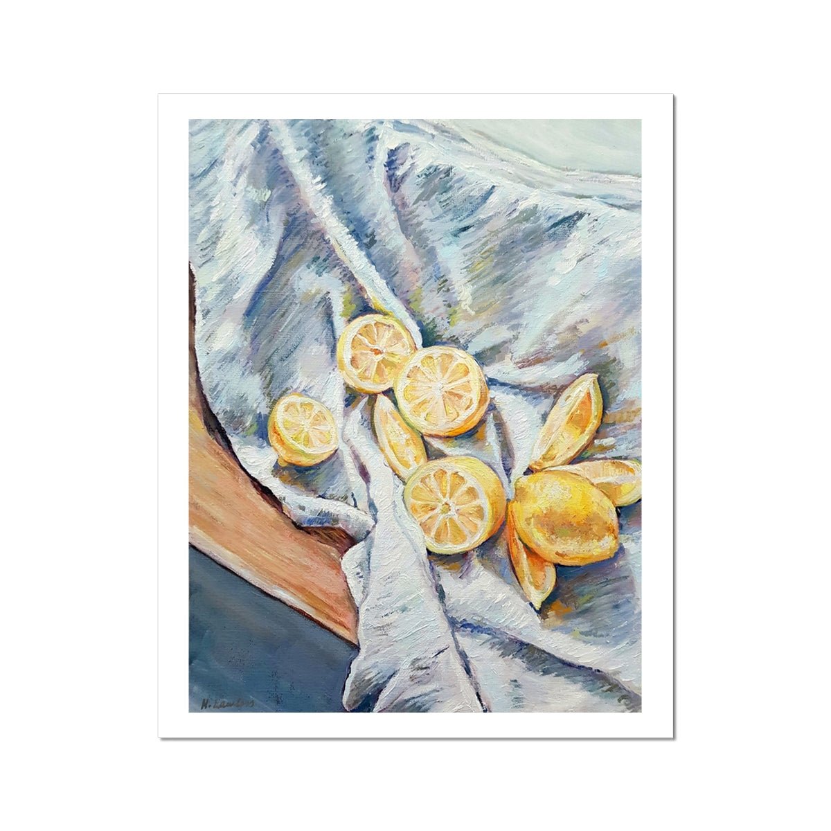 Lemons On A Blue Cloth | Print Prints Harriet Lawless Artist fruit still life 16"x20" / 41x51cm Unframed