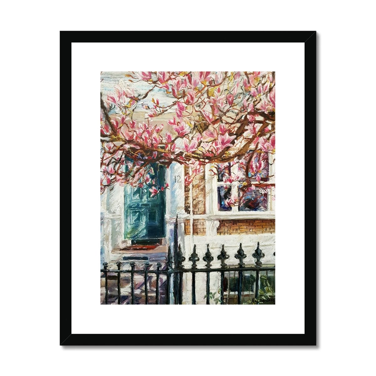 London House With A Green Door And Magnolia Tree | Print Prints Harriet Lawless Artist england 16"x20" / 41x51cm Black Frame