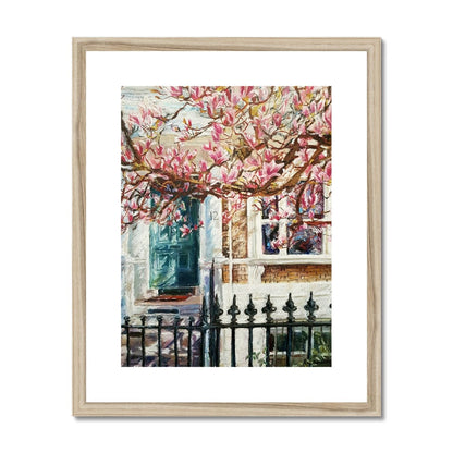 London House With A Green Door And Magnolia Tree | Print Prints Harriet Lawless Artist england 16"x20" / 41x51cm Natural Frame