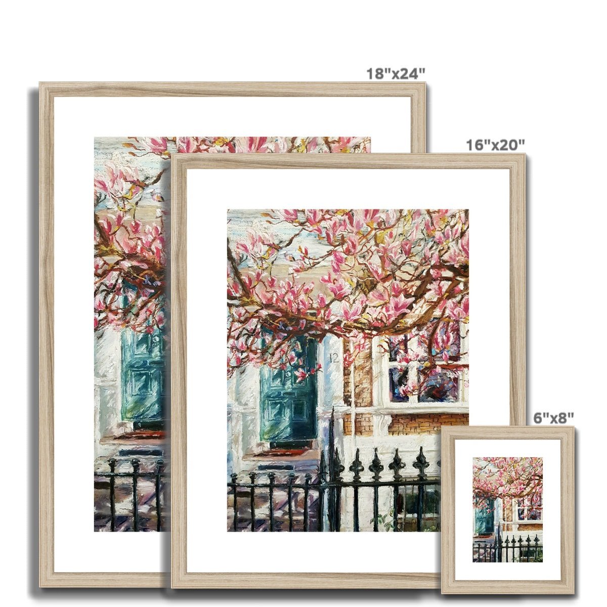 London House With A Green Door And Magnolia Tree | Print Prints Harriet Lawless Artist england 16"x20" / 41x51cm Natural Frame