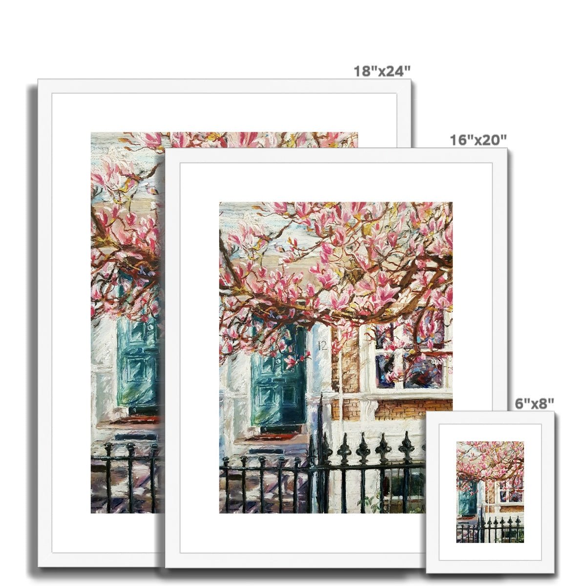 London House With A Green Door And Magnolia Tree | Print Prints Harriet Lawless Artist england 16"x20" / 41x51cm Natural Frame