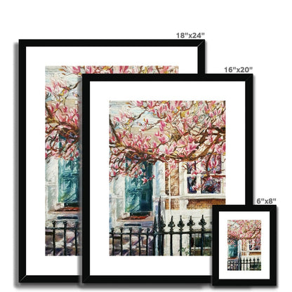 London House With A Green Door And Magnolia Tree | Print Prints Harriet Lawless Artist england 16"x20" / 41x51cm Natural Frame