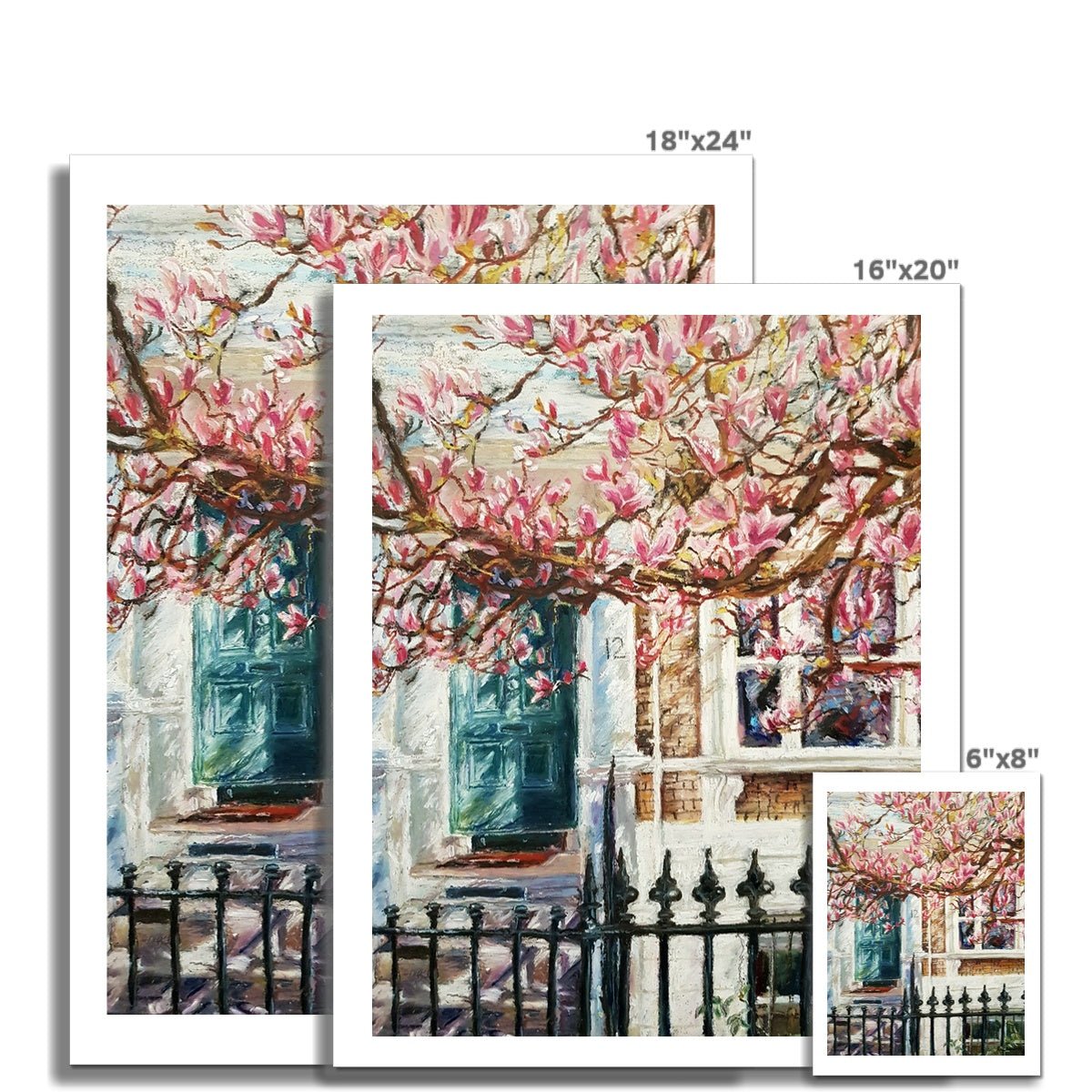 London House With A Green Door And Magnolia Tree | Print Prints Harriet Lawless Artist england 16"x20" / 41x51cm Unframed