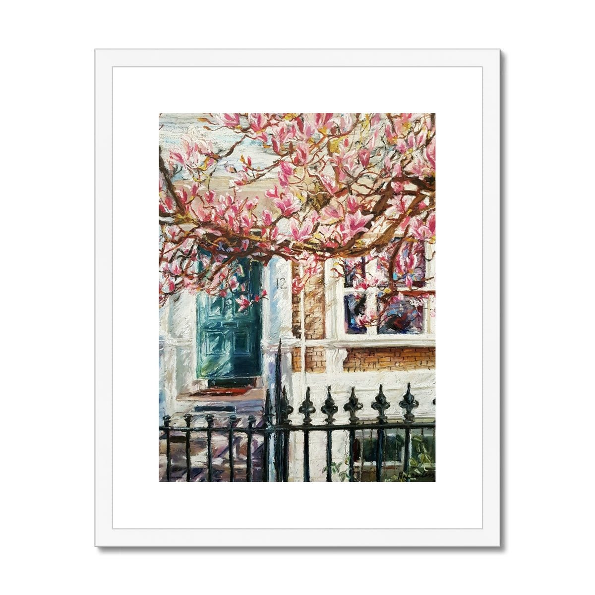 London House With A Green Door And Magnolia Tree | Print Prints Harriet Lawless Artist england 16"x20" / 41x51cm White Frame