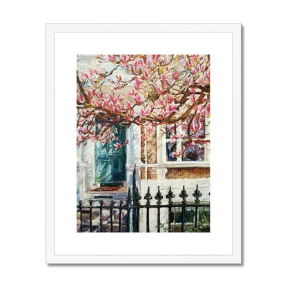 London House With A Green Door And Magnolia Tree | Print Prints Harriet Lawless Artist england 16"x20" / 41x51cm White Frame