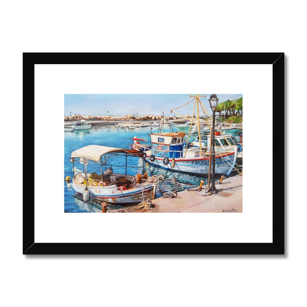 Nea Chora Marina Fishing Boats | Print Prints Harriet Lawless Artist greece 16"x12" / 41x30cm Black Frame