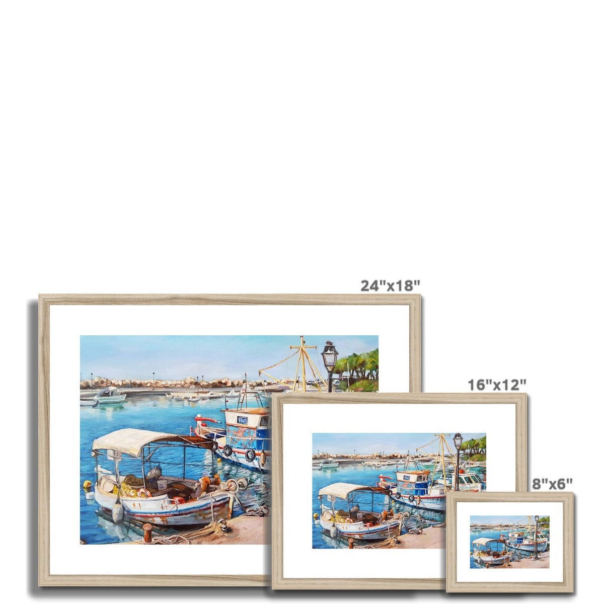 Nea Chora Marina Fishing Boats | Print Prints Harriet Lawless Artist greece 16"x12" / 41x30cm Natural Frame